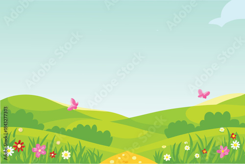 peaceful green rolling hills with wildflowers a butterfly and a bright blue
