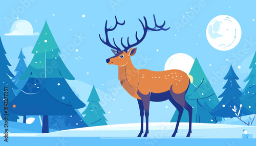 Stylized deer in a wintry scene with pines, snowy ground, and a bright moon, depicted in flat, blocky colors