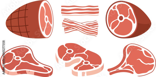 Various cuts of ham and bacon presented in a flat vector illustration on transparent background