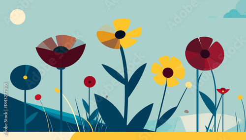 Stylized flowers in a field with a light blue sky and yellow sun. Minimalist, vector-style. Flat colors, soft edges
