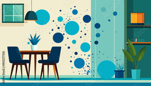 Stylized room with table, chairs, potted plants, bookshelf, window, pendant lamp, and wall decor