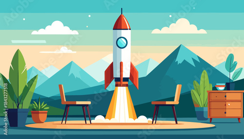 Stylized scene rocket launching amidst chairs, plants, dresser against a mountain backdrop and pastel sky