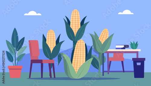 Stylized room scene with corn stalks, chairs, table, plants, trash can, against a blue background with fluffy clouds