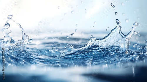 Photograph of a dynamic wave crest with water splashes and a blurred blue background.