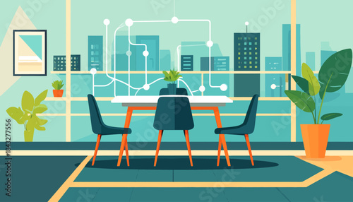 Stylized teal-toned room, table, chairs, plants, cityscape view, interconnected white lines, a geometric art piece on the wall
