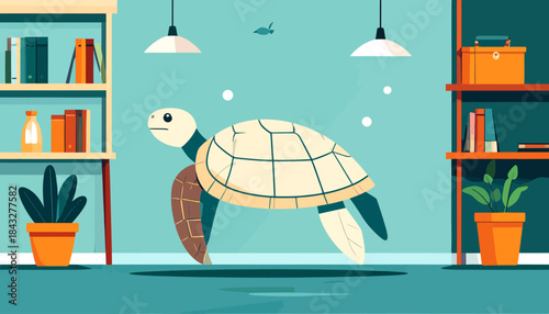 Stylized turtle swims through a room with shelves, plants, and hanging lamps, under a floating fish