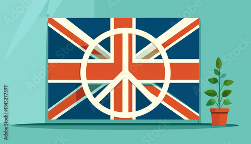 Stylized union jack with peace symbol, potted plant on a light blue surface, vector, flat design, cartoon style