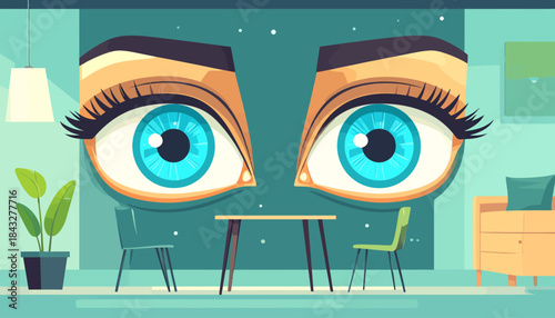 Surreal indoor scene with two large, cartoonish eyes observing a simple interior setting in cool tones
