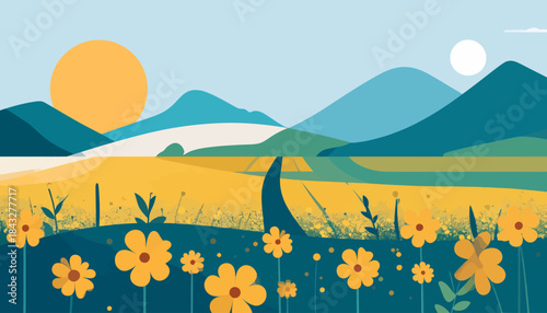 Sunny floral meadow scene. Mountains in the background, sun and moon. Cartoon style illustration