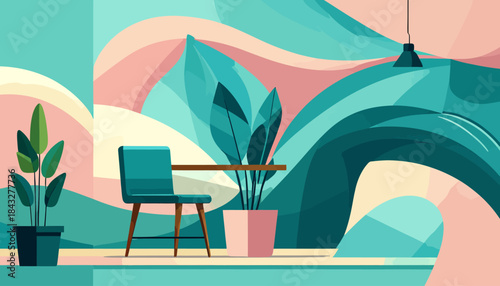 Teal chair and plants near a brown table in a room with abstract teal, peach and cream wall art