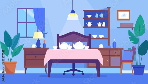 Teal room with a tea set on a pink-clothed table, plants, window, and furniture, presented in a flat vector style