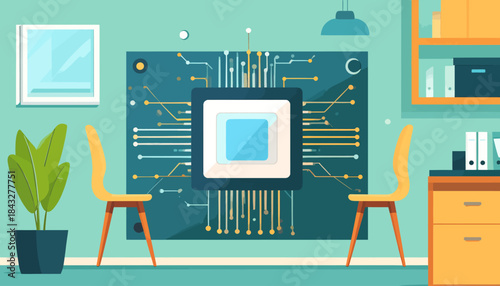 Teal room with a large circuit board art piece, houseplant, yellow chairs, and office supplies