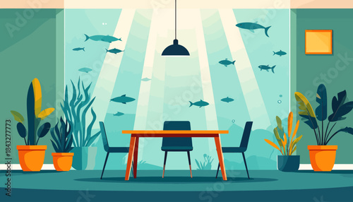 Teal-toned room w/ dining set before large tank w/ stylized fish, potted plants