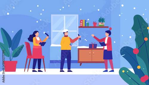 Three people celebrating winter holidays with festive decorations indoors, while snow falls outdoors