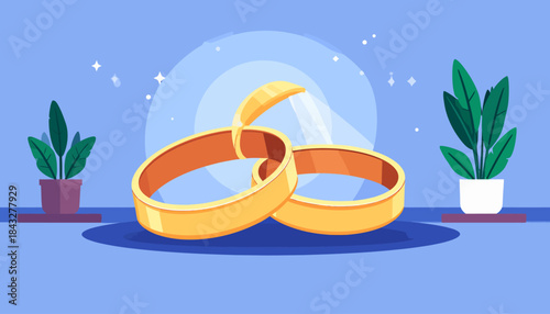 Two intertwining gold rings are framed by potted plants against a light blue background