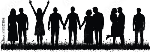 Black silhouette vector of a diverse group of people standing on grass, representing community, friendship, love, relationships, togetherness, and social celebration concepts.