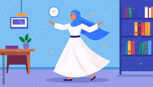 Woman in a blue hijab and white dress stands in a room with a desk and bookshelf