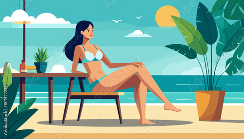 Woman in bikini sits on a chair by the sea with plants, a table, and the sun in the sky