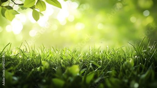 Digital illustration of lush green grass blurred by bright sunlight and bokeh effects.