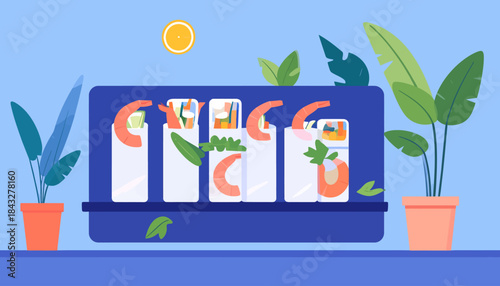 Stylized illustration of four shrimp cocktails in white glasses, set against a vibrant blue background with potted plants