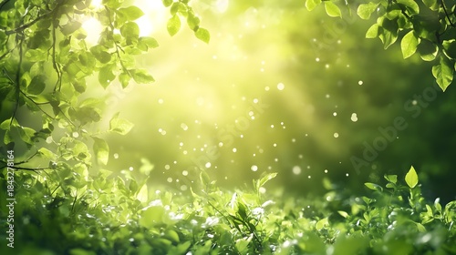 Digital illustration of lush green foliage bathed in radiant sunlight with scattered light particles.