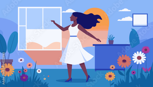 Woman in a white dress near a window on a sunny day amid a field of flowers, rendered in a stylized flat vector
