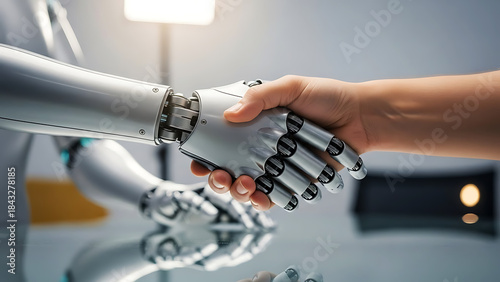 Concept of Artificial Intelligence and Future Business Deals With Handshake Corporate AI Partnership, themes of business strategy, innovation, and the ethics of artificial intelligence.