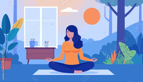 Woman meditating indoors, background shows stylized outdoor scenery, flat illustration style