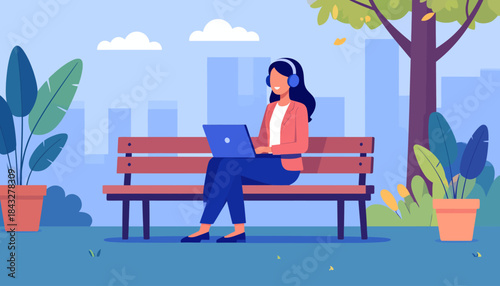 Woman with headphones and laptop sits on a park bench with trees and buildings in background