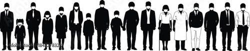 Diverse Group of People Wearing Face Masks Silhouette Vector Illustration, Social Distancing and Pandemic Health Protocol Concept, Crowd Protection During Virus Outbreak