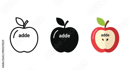 Three apples with different styles and adde text