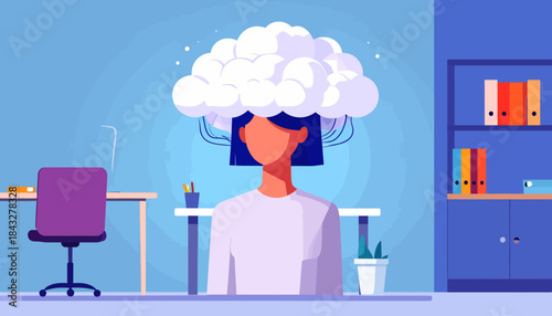 Woman with cloud head in office setting, flat vector illustration in a simplified color palette