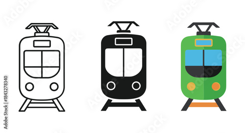 Three different subway train icons in various color