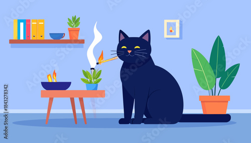 Vector illustration of a black cat holding a burning match in its mouth in a cozy, plant-filled room