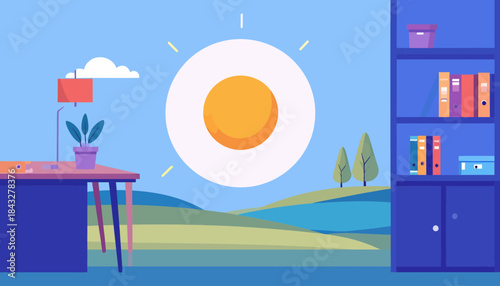 Workspace view from window, stylized with bright sun, rolling hills, desk, plant and bookcase, soft color palette