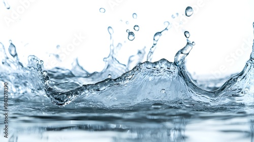 Photograph of water splash, displaying dynamic ripples and bubbles against a pale blue background.