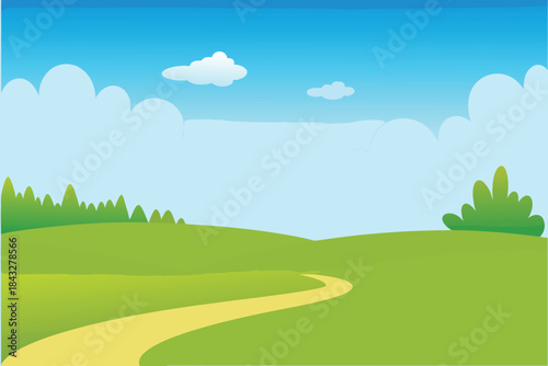 a bright and cheerful cartoon landscape featuring a winding path and fluffy