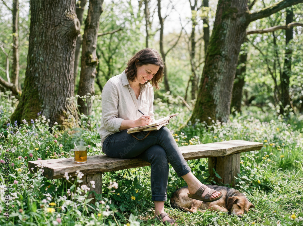 Fototapeta premium Woman sketching in notebook on wooden bench in wildflower forest with tea and sleeping dog