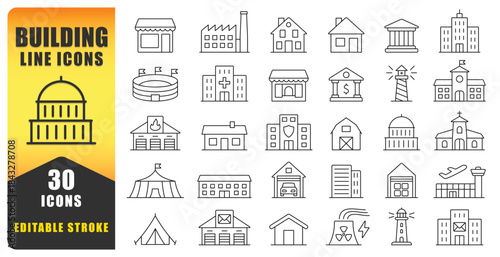 Building Line Icon Set Showcasing Clean, Modern, And Versatile Outline Designs For Architecture, Urban Planning, And Construction Projects, Perfect For Digital Use, Branding. Isolated Vector Icons.