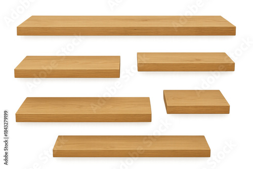 Fototapeta Naklejka Na Ścianę i Meble -  Wooden empty shelves, multiple sizes and perspectives, for product display or room decoration on transparent background