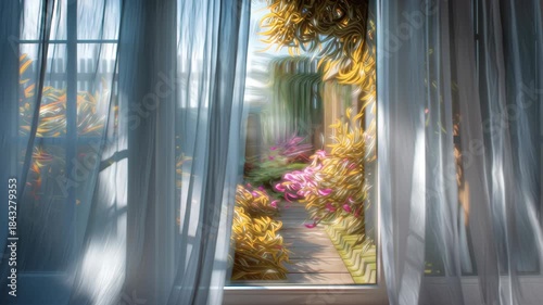 Room with white curtains swaying in gentle wind concept. A serene view of a garden visible through a window.