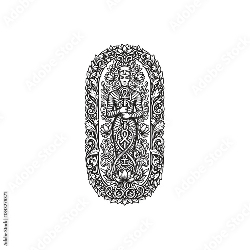 Intricate hand-drawn black and white illustration of a mummified Egyptian Pharaoh holding a sacred ankh staff, encased in an ornate floral frame for mystical and historical designs
