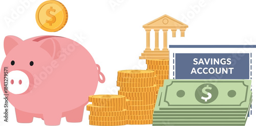 Piggy bank with coins savings account and bank building illustration on transparent background