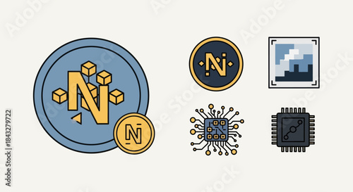 Set of cryptocurrency and NFT technology icons with a stylized letter N coin.