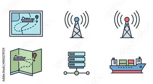 Collection of Maritime Navigation and Communication Icons.