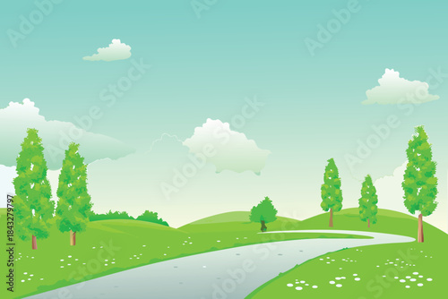a scenic view of a winding pathway through a lush green landscape high quality