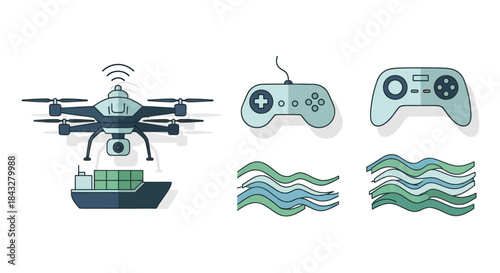 Drone technology and maritime shipping icon set with a quadcopter carrying a container ship and remote controllers.