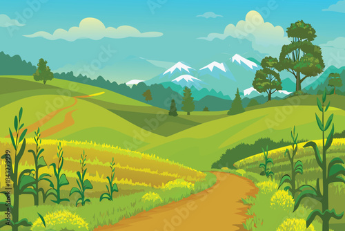 a vibrant landscape featuring rolling green hills a winding path and distant