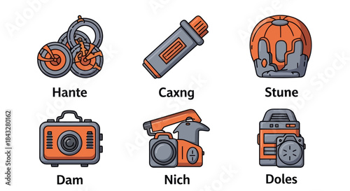 Collection of Orange and Gray Industrial Tools Icons.