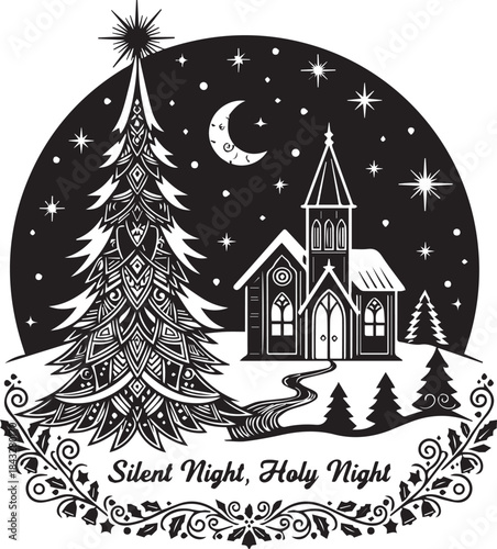 Black and white vector illustration of Christmas tree and church under starry sky with festive floral accents